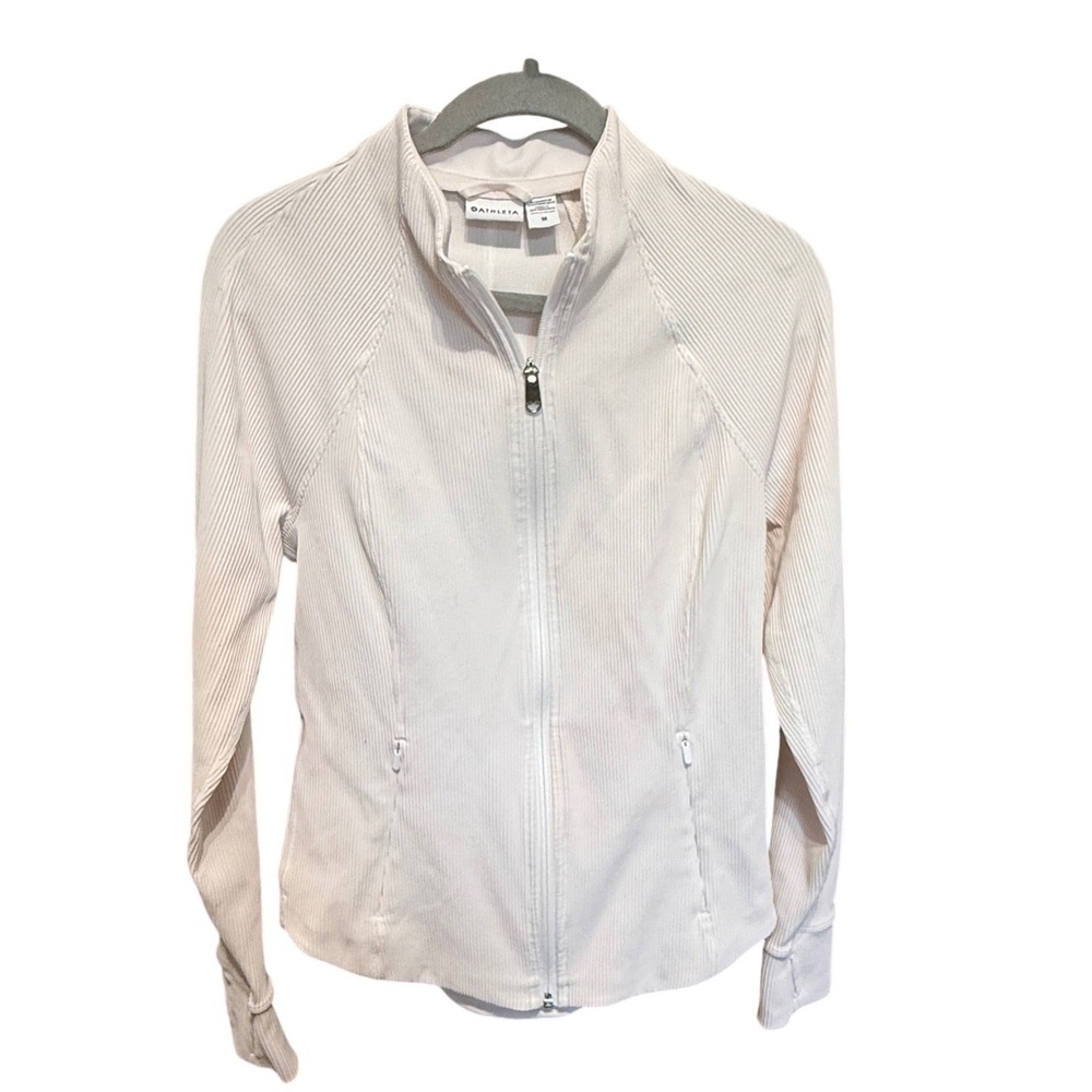 Athleta Ribbed Full Zip Saluation Jacket M Cream Excellent‎ Thumbholes